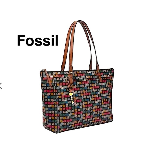 Fossil Rachel Geometric printed PVC Zip VeganTote Multicolor & Key Charm⭐️ - Picture 1 of 17